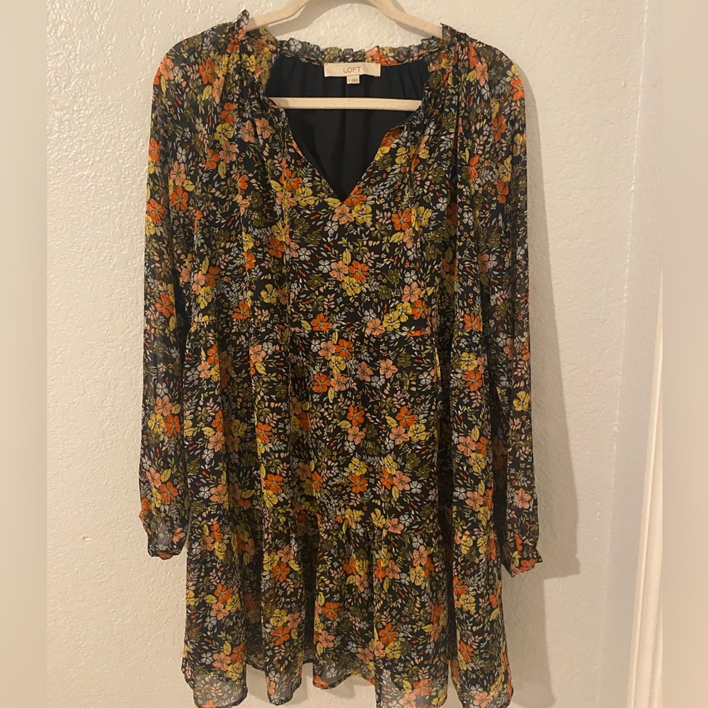 LOFT Long Sleeve Floral Dress in Black and Orange